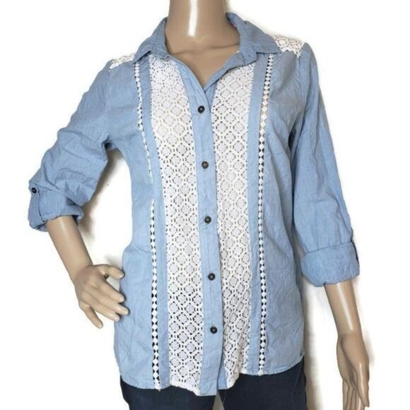 Xhilaration Womens Medium Blue Button-Down Shirt With Lace Accents fall winter - Picture 2 of 5